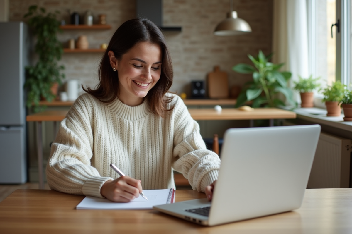 Femme souriante consulte ses finances à la maison