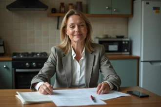 Femme française d'âge moyen examinant des papiers légaux