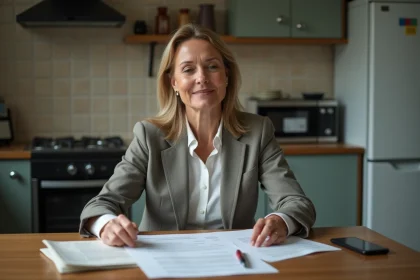 Femme française d'âge moyen examinant des papiers légaux