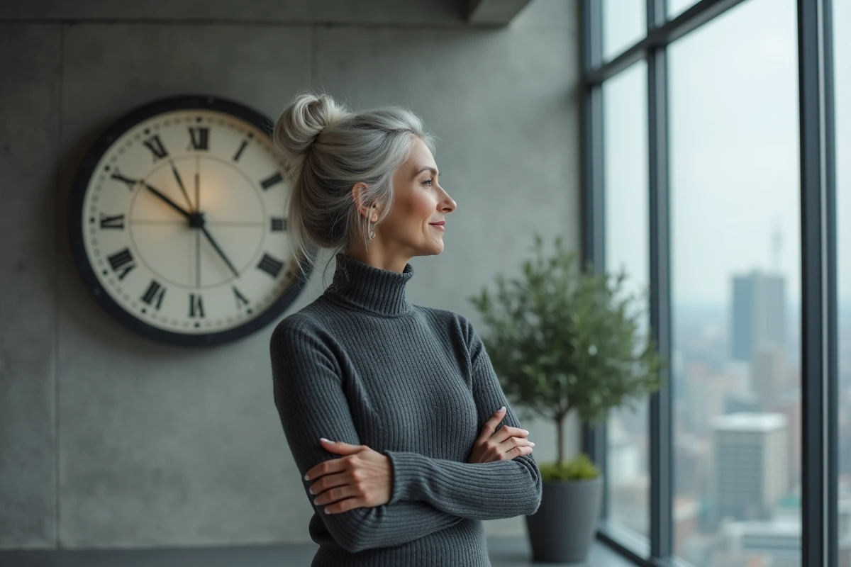 Femme mature face à une grande horloge industrielle indiquant 14h41 dans un loft minimaliste, évoquant la symbolique de l'heure miroir inversée