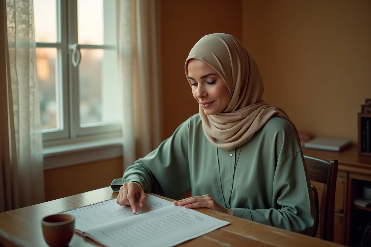Femme consultant un tableau des horaires de prière du Maghreb à son bureau près d'une fenêtre