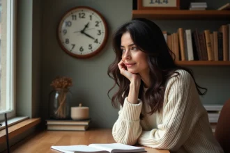 Femme contemplative regardant une horloge analogique affichant 14h41 dans un bureau cosy, illustrant l'heure miroir inversée