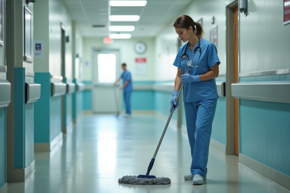 Agent hospitalier nettoyant un couloir propre et calme