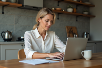 Femme d'âge moyen utilisant une calculatrice immobilière