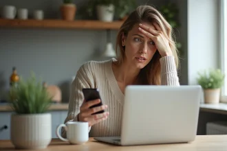 Femme inquiète utilisant son ordinateur à la maison