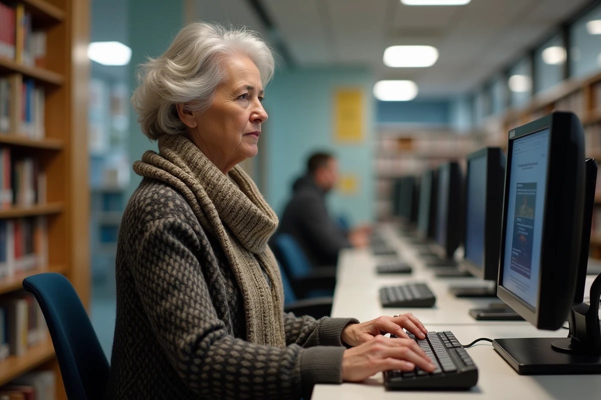 Femme âgée consulte un ordinateur en bibliothèque