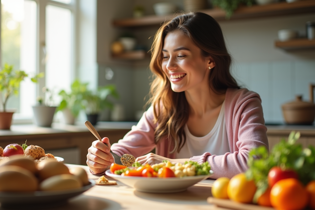 Jeune femme souriante mangeant un repas équilibré à une table ensoleillée
