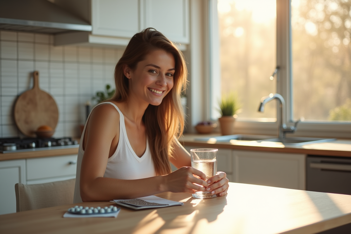 Femme souriante dans une cuisine lumineuse le matin
