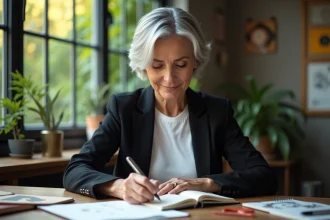 Femme mature en blazer noir dans un bureau créatif