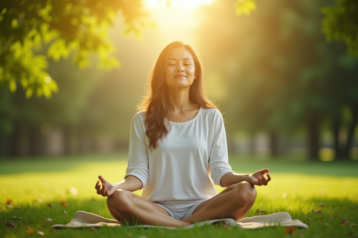 Femme méditant dans un parc verdoyant au matin