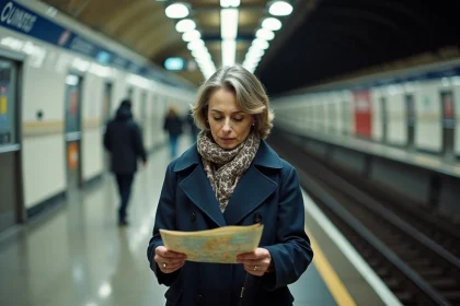 Femme dans le m&eacute;tro parisien &eacute;tudie une carte