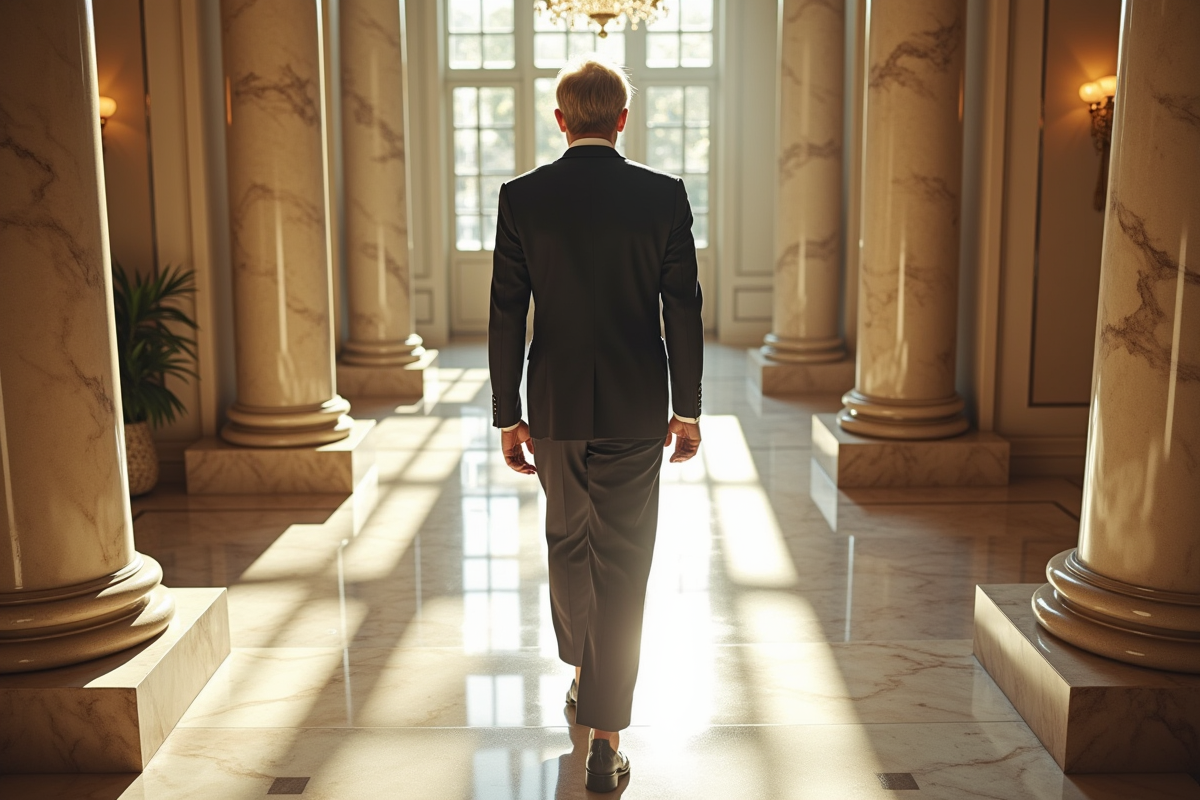 Femme en costume chic dans un hall luxueux avec lumière douce
