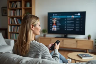 Femme utilisant la fonction enregistrement d'Orange TV sur un grand écran de salon, parcourant la liste de ses programmes enregistrés avec une télécommande