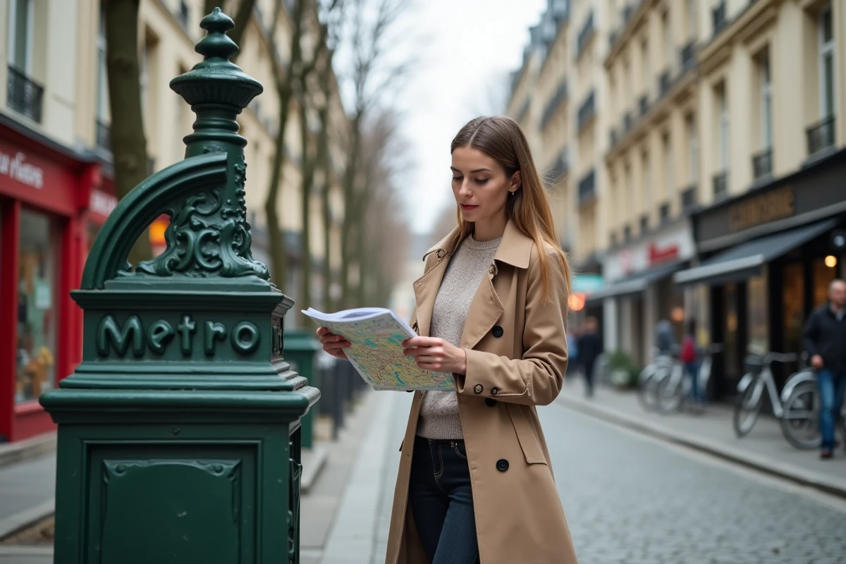 Femme consultant un plan du métro devant une entrée typique de la ligne 7 dans un quartier parisien