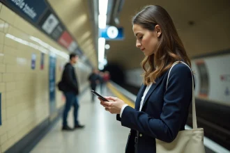 Femme professionnelle consultant son téléphone sur le quai du métro ligne 9 à Paris