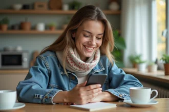 Femme souriante recevant un GIF d'anniversaire sur WhatsApp