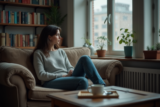 Femme pensive assise sur un canapé en velours dans un appartement cosy