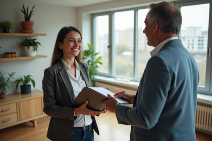 Jeune femme souriante remettant un dossier &agrave; un propri&eacute;taire