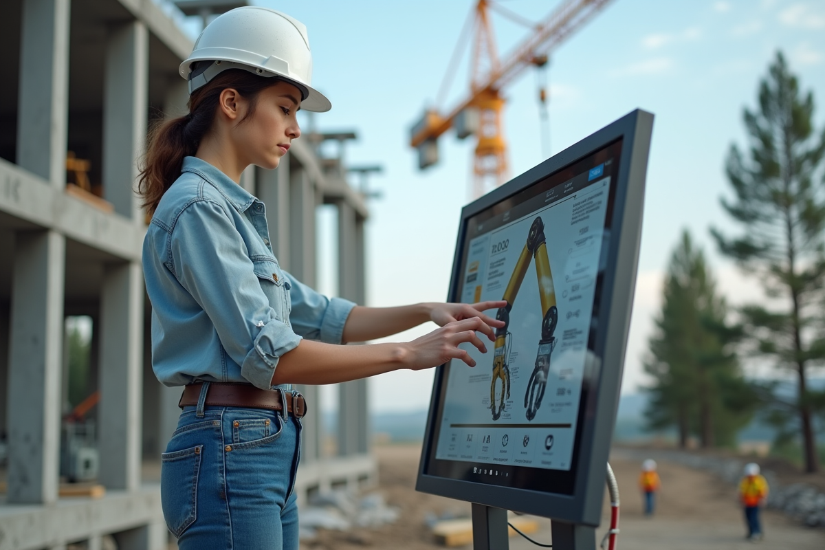 Jeune femme opérant un bras robotique sur un chantier