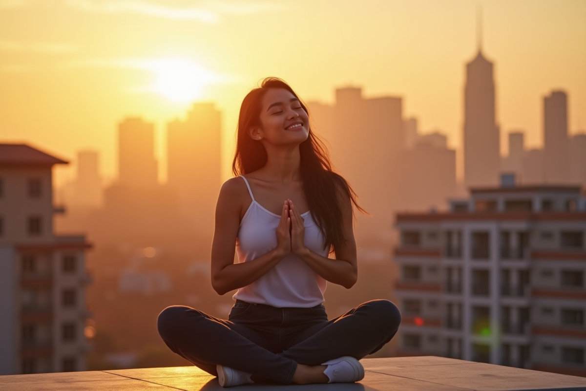 Jeune femme sereine assise sur un toit de ville au lever du soleil