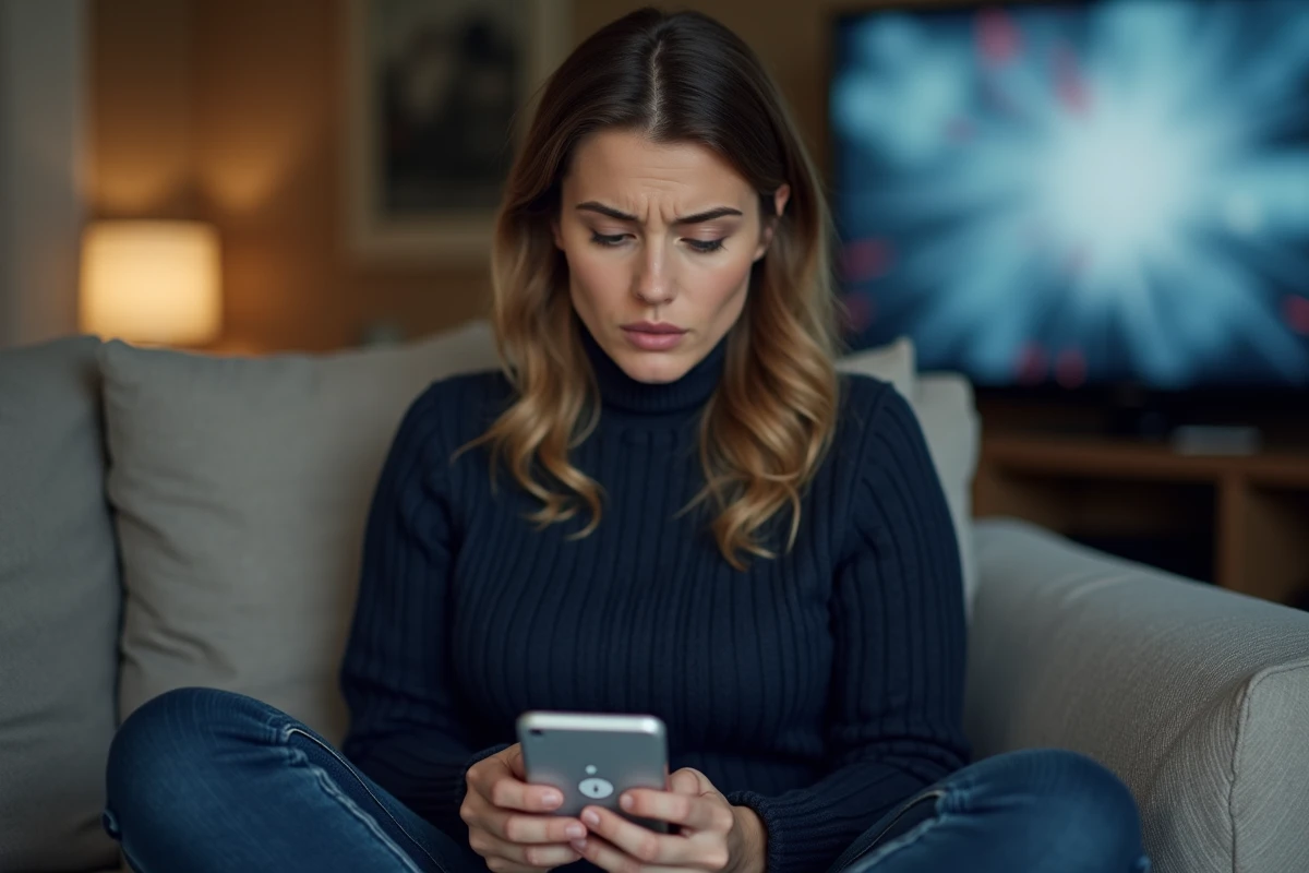 Femme confuse consultant son smartphone avec une erreur de chargement de site web