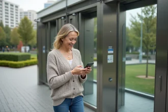 Femme d'âge moyen utilisant son smartphone devant un WC public en ville