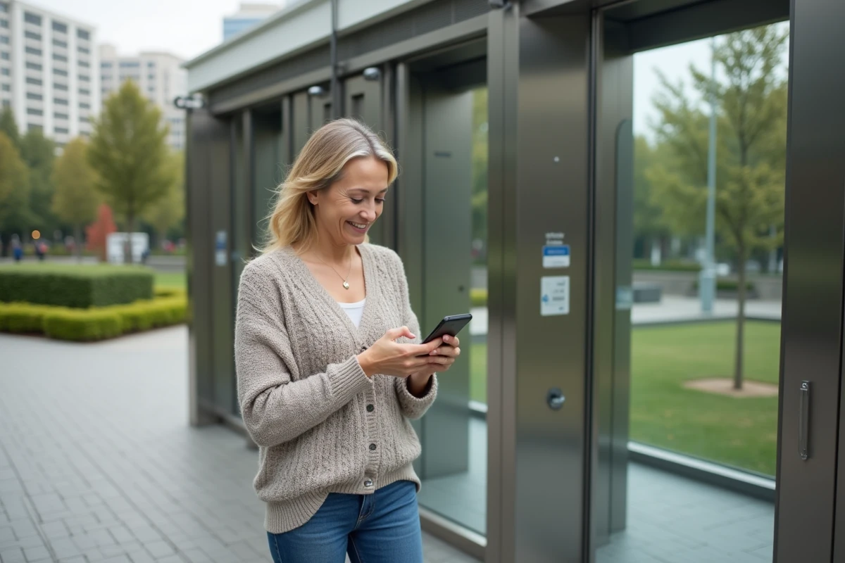 Femme d'âge moyen utilisant son smartphone devant un WC public en ville