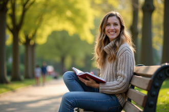 Femme souriante dans un parc en plein air avec journal