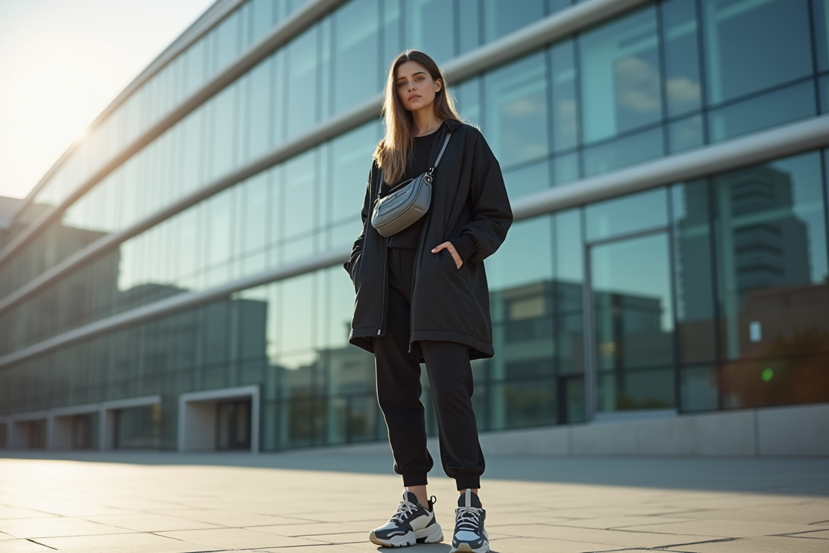 Femme en streetwear monochrome devant un bâtiment moderne