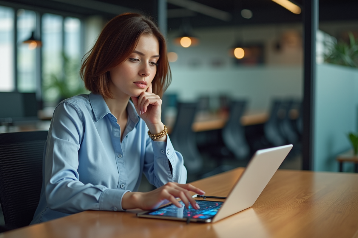 Jeune femme utilisant une tablette tactile dans un bureau moderne