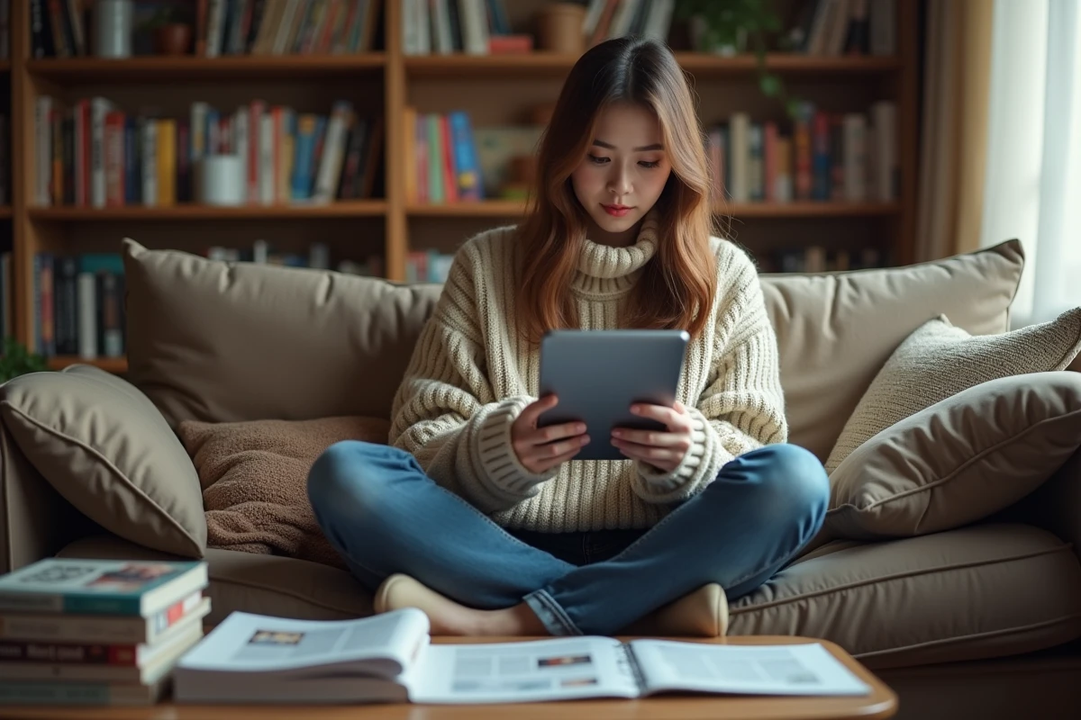 Femme téléchargeant un manga sur sa tablette dans le salon