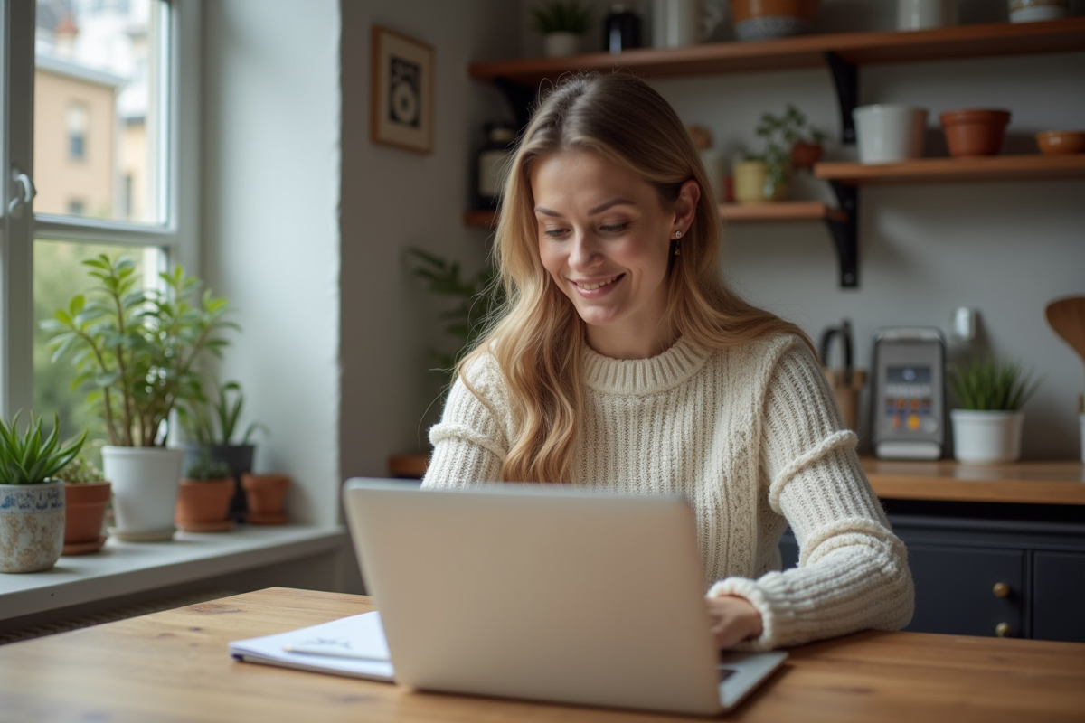 Femme souriante travaillant sur son ordinateur dans une cuisine moderne