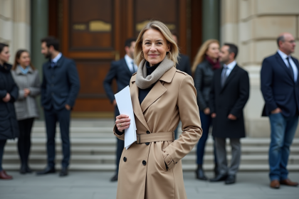 Femme française en trench beige avec documents officiels