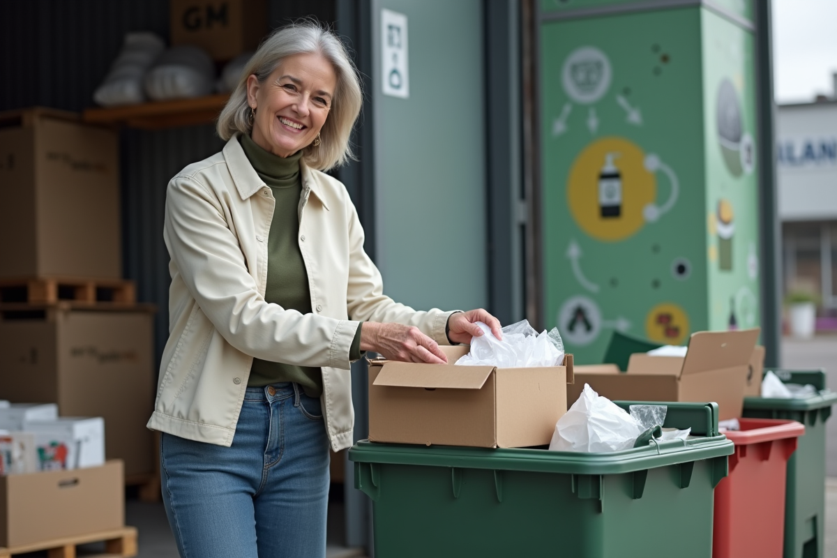 Femme en extérieur triant des emballages réutilisables