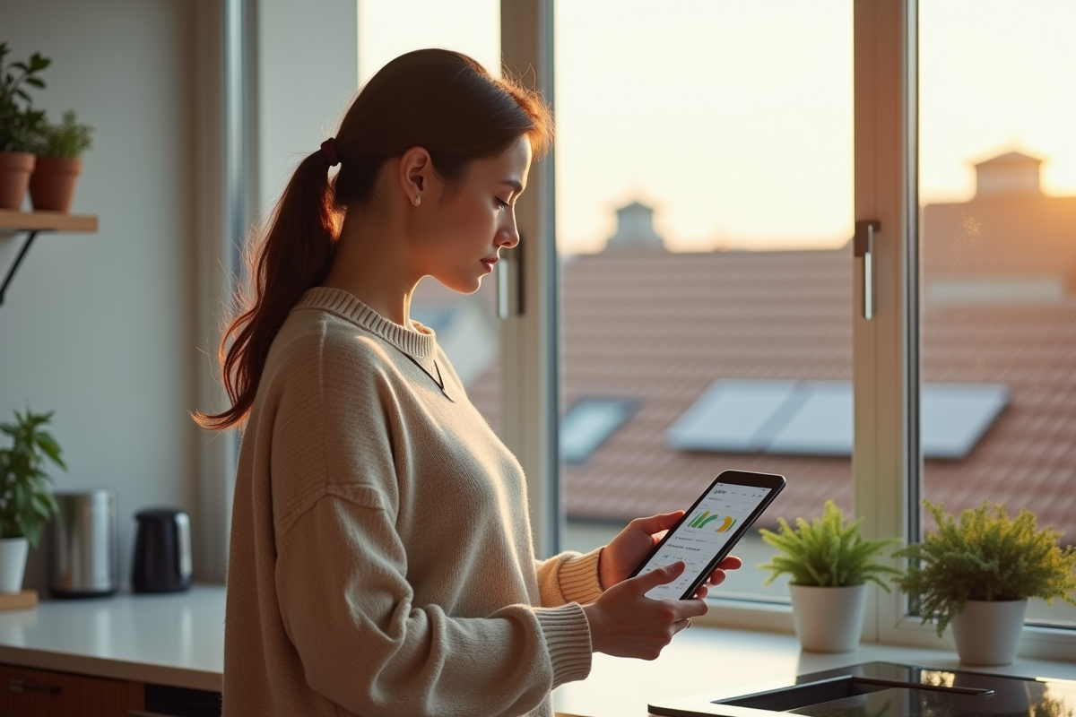 Femme regardant une tablette dans une cuisine moderne avec panneaux solaires