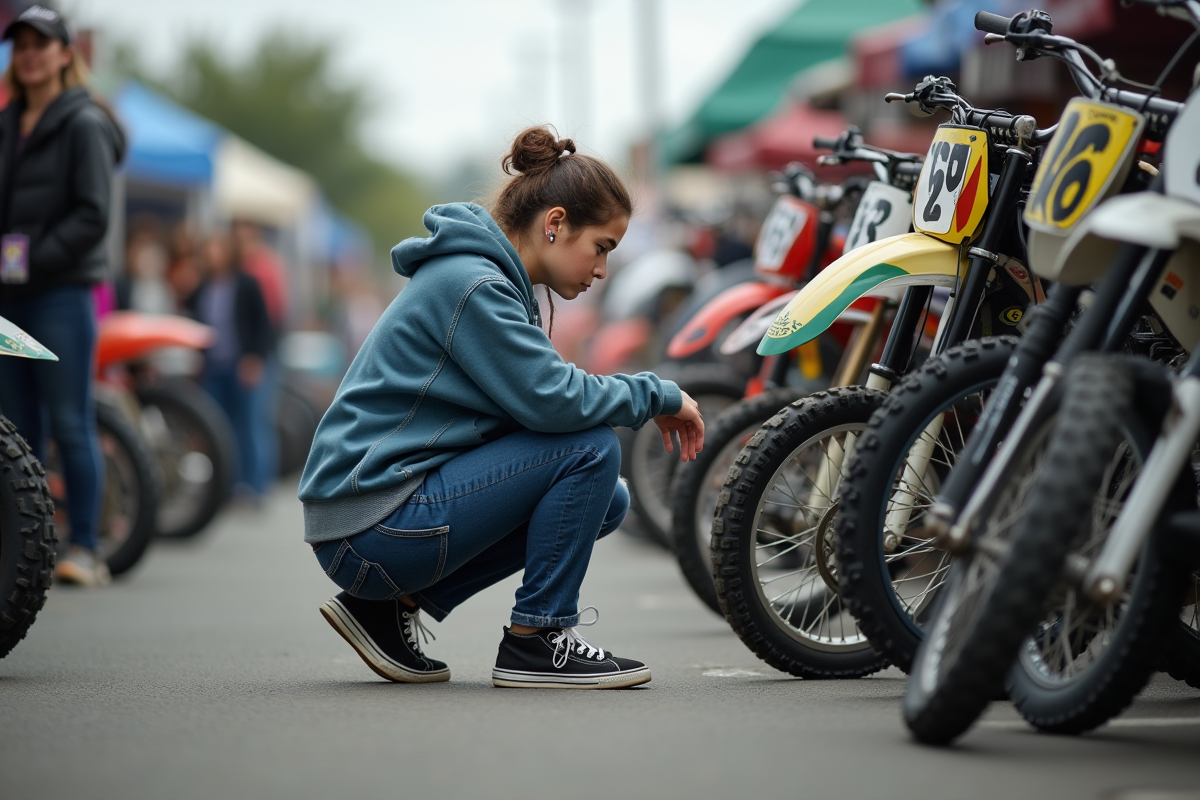 Jeune femme inspecte un dirt bike lors d