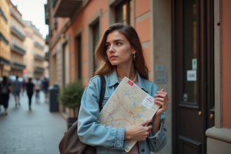 Jeune femme avec carte devant h&ocirc;tel &agrave; Toulouse