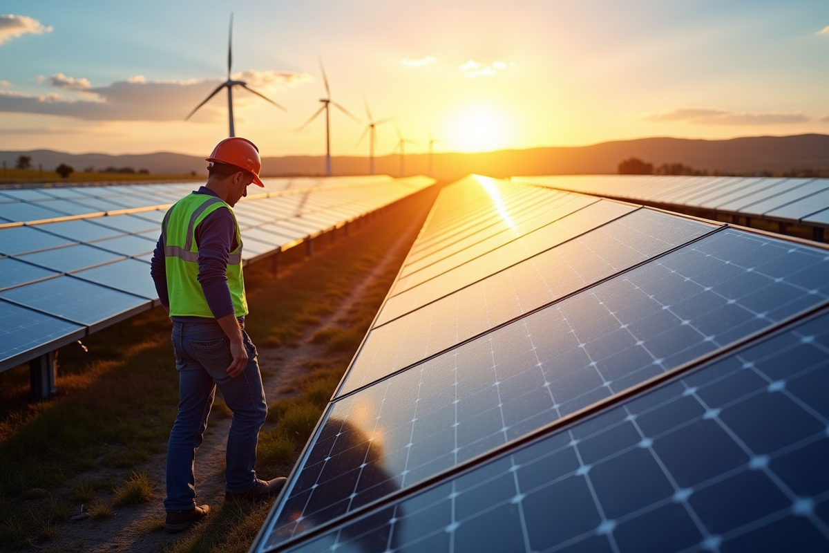Grande ferme solaire avec panneaux et turbines eoliennes au loin