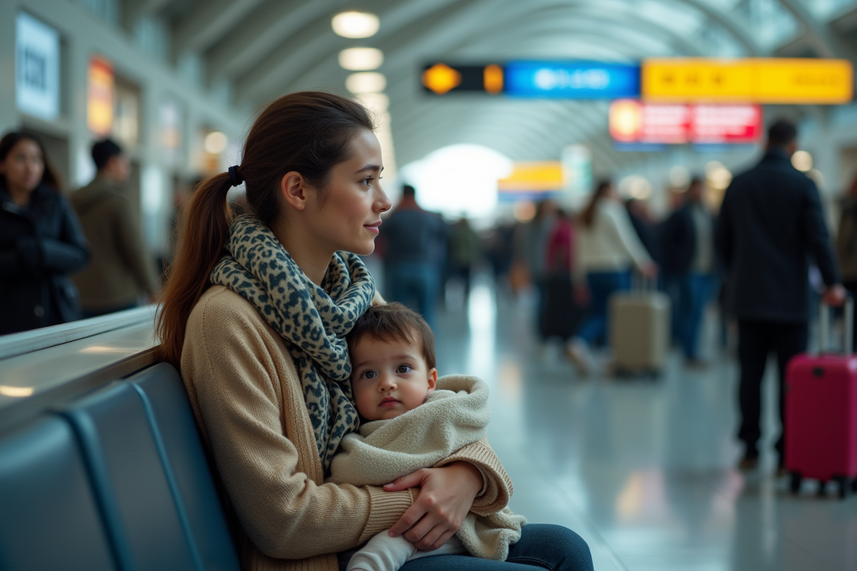 Jeune femme avec enfant dans une salle d