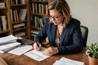 Femme remplissant un formulaire de changement d'adresse définitif à La Poste à son bureau à domicile
