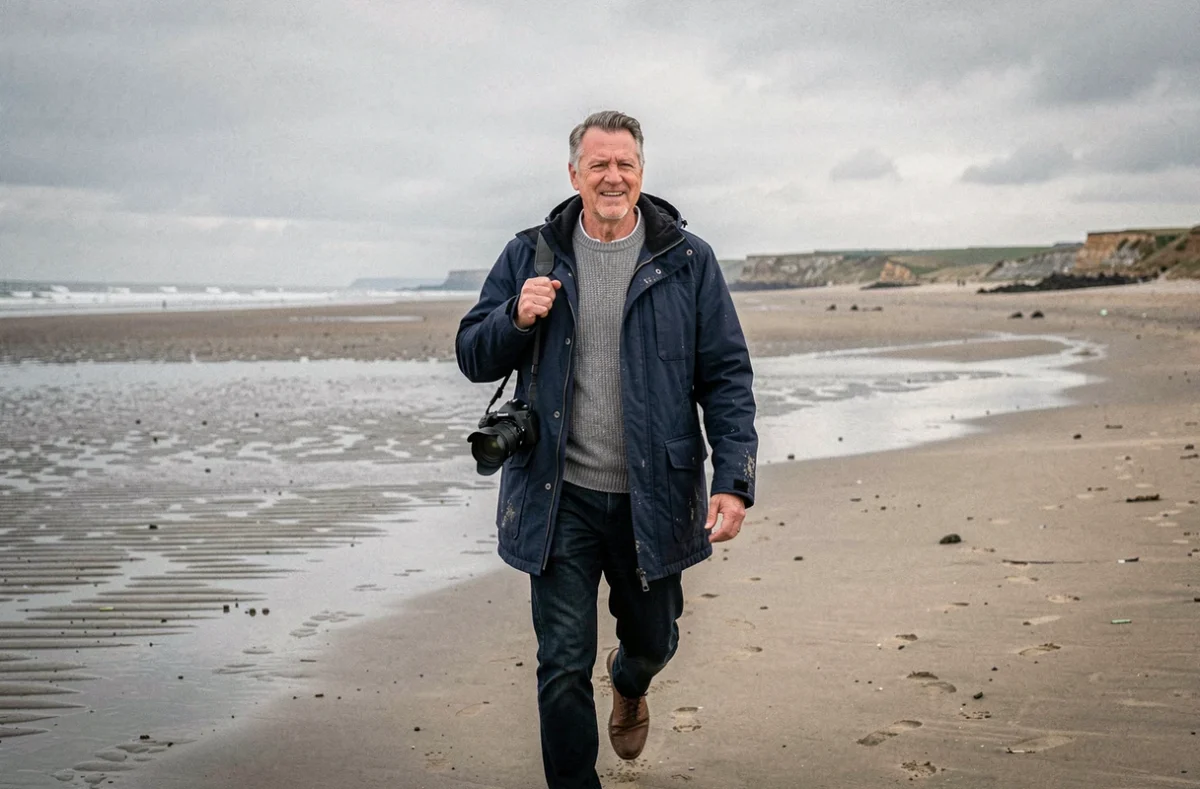 Fred Hermand photographe marchant sur une plage normande à marée basse avec son appareil en bandoulière