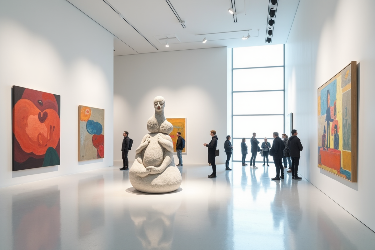 Intérieur d'une galerie d'art moderne avec sculptures et peintures