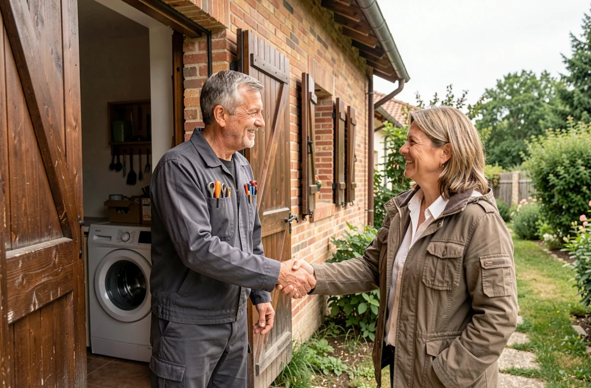 Dépanneur Garcia Bernard Eurl saluant une cliente satisfaite devant une maison rurale à Lavernose-Lacasse en Haute-Garonne
