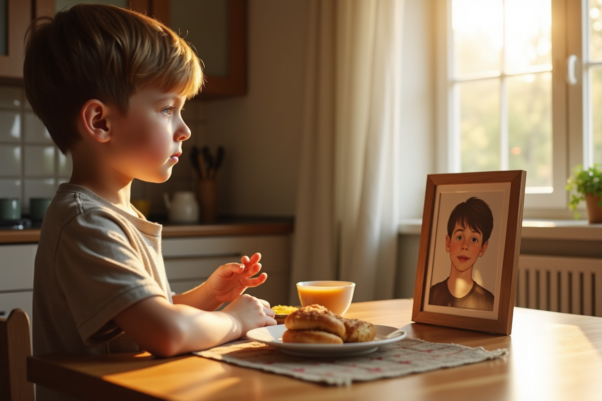 Jeune garçon regardant une photo de son père au petit déjeuner