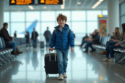 Garçon de 10 ans avec valise dans un aéroport