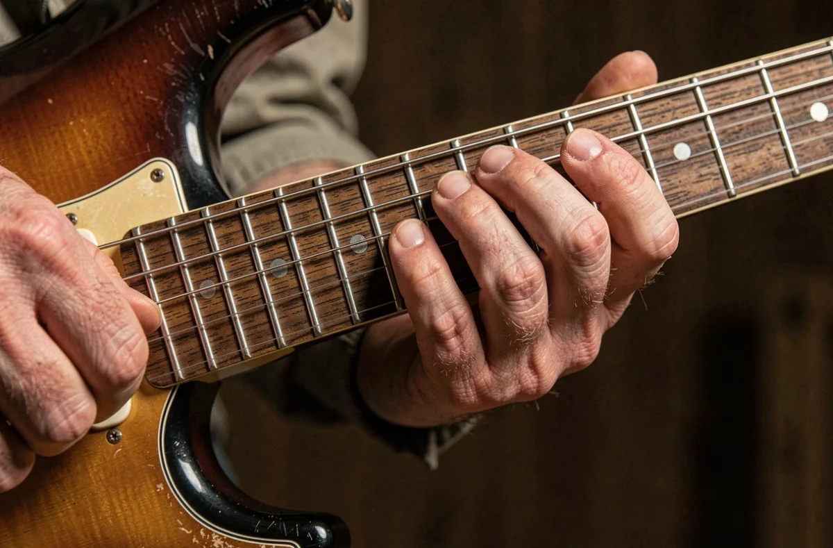 Gros plan de mains masculines formant l'accord D7 sur le manche d'une guitare électrique sunburst vintage, détail des positions de doigts sur les frettes