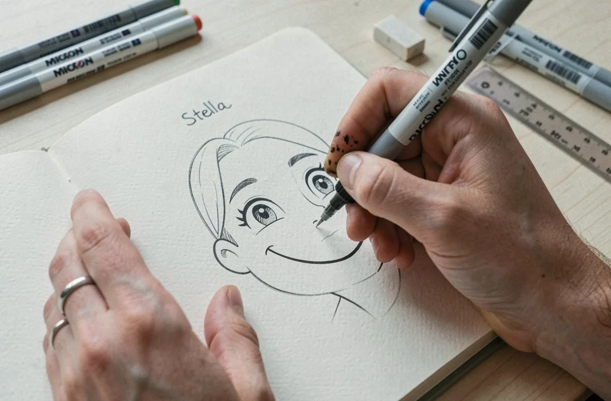 Gros plan sur des mains dessinant les yeux expressifs et le sourire du personnage Stella dans un carnet de croquis