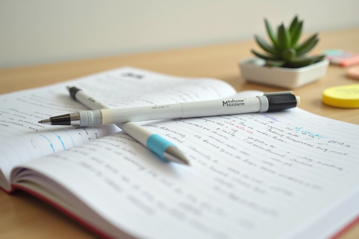 Gros plan d'un stylo 4 couleurs effaçable posé sur des notes manuscrites colorées dans un carnet étudiant
