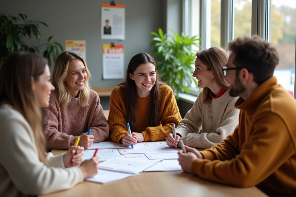 Groupe de jeunes adultes partageant un calendrier d