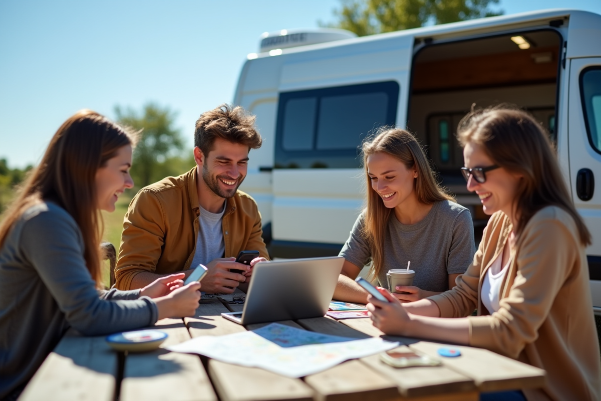 Amis planifiant leur road trip avec cartes et appareils mobiles